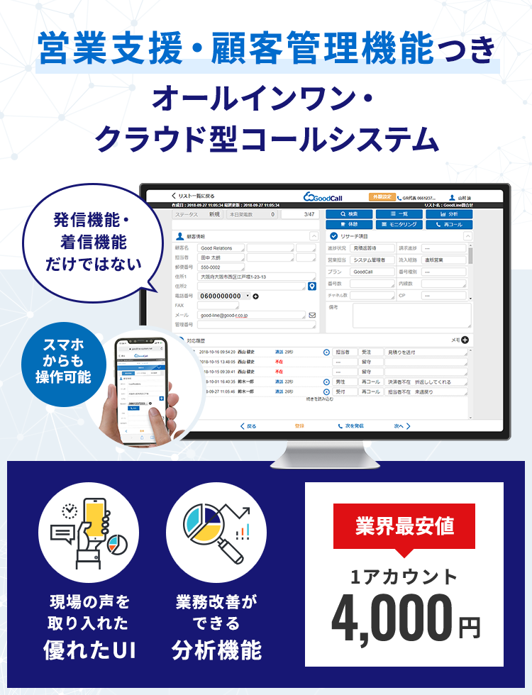 発信機能・着信機能だけではない 営業支援・顧客管理機能つきオールインワン・クラウド型コールシステム